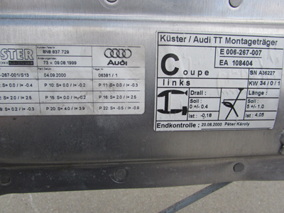 Audi TT Mk1 8N Door Frame w/ Window Regulator, Left 8N08374615